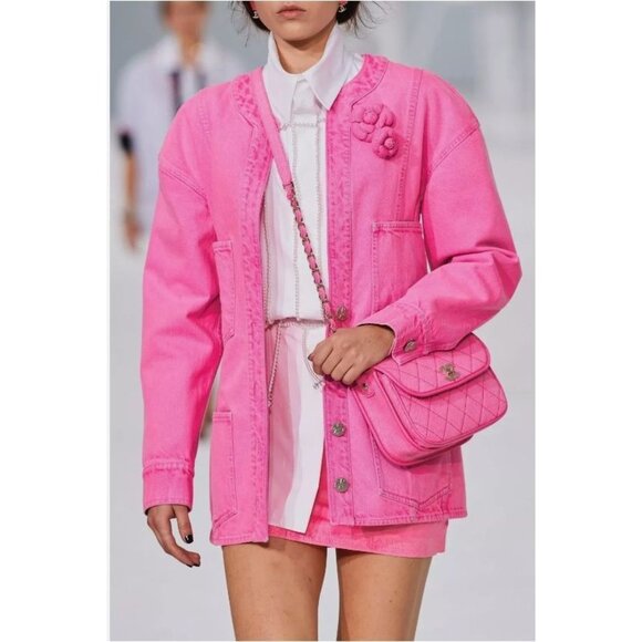 Chanel Hot Pink Denim Jacket With Removable Camelia Rosettes - Picture 2 of 6